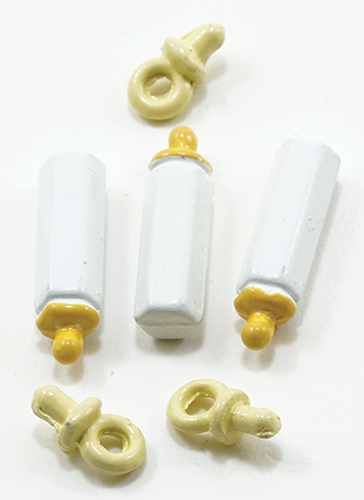 Dollhouse Miniature Yellow Baby Bottles and Pacifiers Set, 6pc